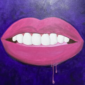 Stunning pink candy lips with bright white teeth set against a dark purple background.