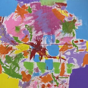 Abstract art with pink, blue, purple, orange, green and red.