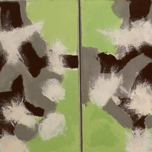 Two paintings with bright green with black, gray, and white strokes mimicking each other.