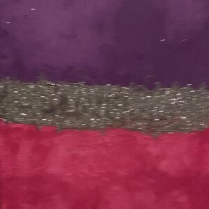 Between Dusk and Desire is a minimalist meditation on contrast, boundary, and quiet intensity. A deep, velvety violet sky presses downward toward a saturated field of crimson, the two held apart—and bound together—by a narrow band of shimmering metallic gold. This luminous horizon feels both fragile and resolute, like a moment of pause between longing and release.