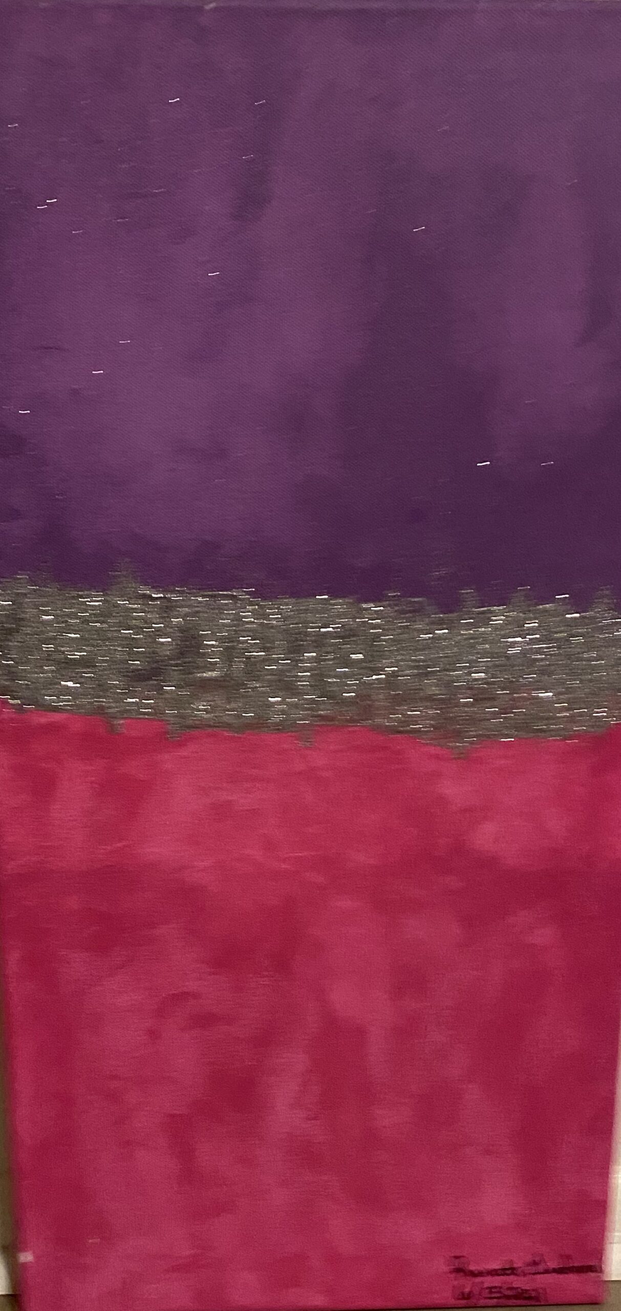 Between Dusk and Desire is a minimalist meditation on contrast, boundary, and quiet intensity. A deep, velvety violet sky presses downward toward a saturated field of crimson, the two held apart—and bound together—by a narrow band of shimmering metallic gold. This luminous horizon feels both fragile and resolute, like a moment of pause between longing and release.