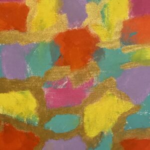 Gilded Conversations is an abstract dialogue of color and texture, where luminous gold threads bind vibrant fields of turquoise, violet, magenta, saffron, and ember red. The composition feels both structured and instinctive—like fragments of thought held together by memory and intuition.