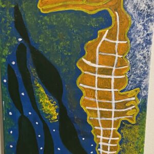 The painting depicts a bright gold seahorse on an oceanic background.