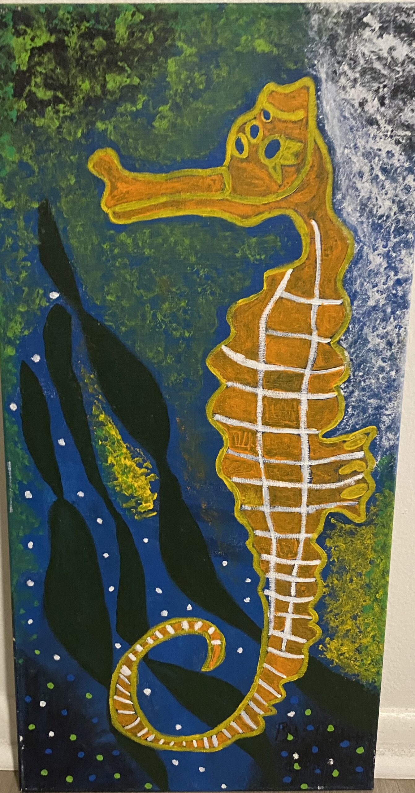 The painting depicts a bright gold seahorse on an oceanic background.